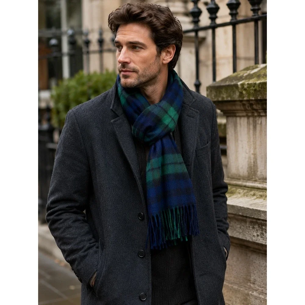 100% Cashmere Black Watch Plaid Scarf Made in Scotland Fringe